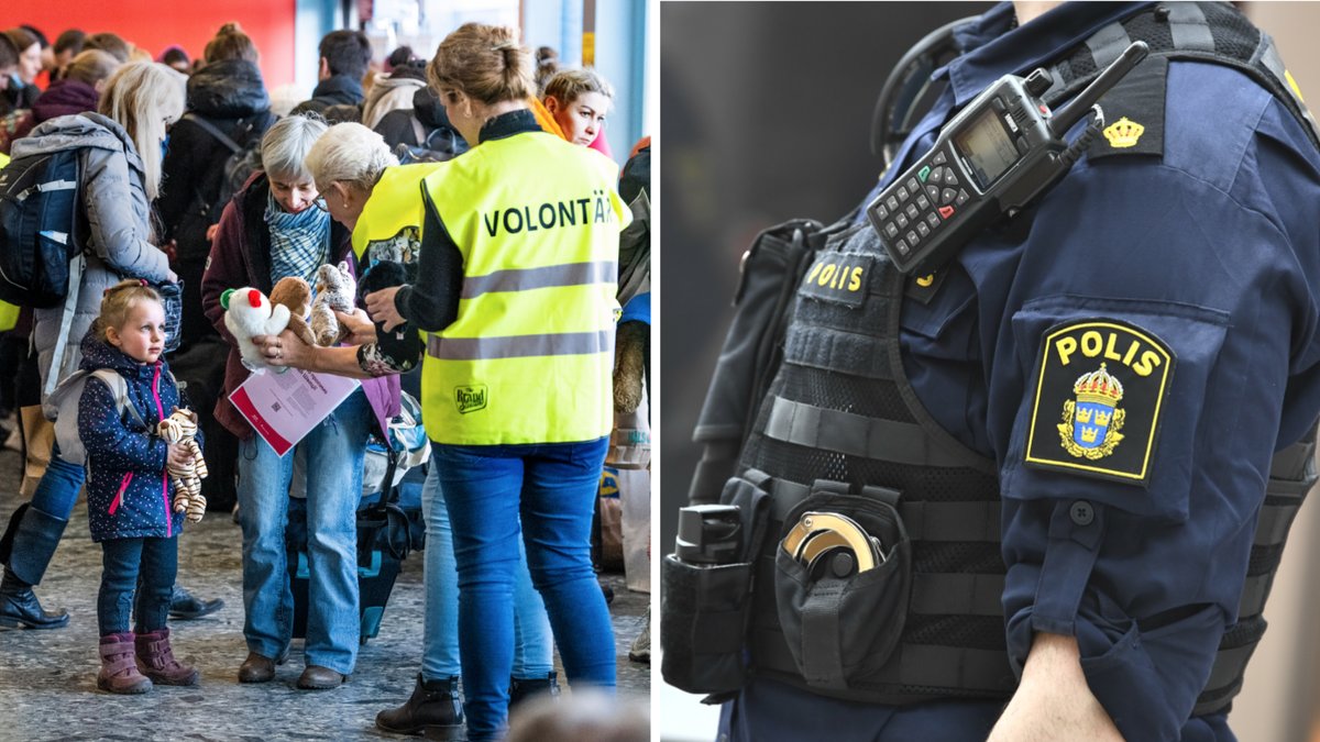 Bild på ukrainska flyktingar i Nynäshamn. Genrebild på polis.